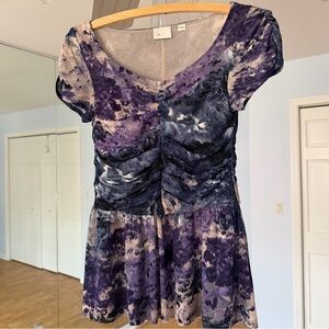Anthropologie Purple and Blue Tie-Dye Ruched Peplum Top